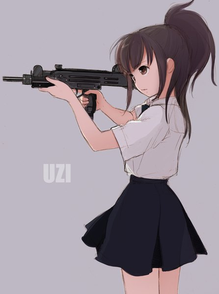 Anime picture 900x1210 with original kokudou juunigou single long hair tall image fringe simple background brown hair standing holding brown eyes payot looking away ponytail profile short sleeves trigger discipline girl skirt uniform