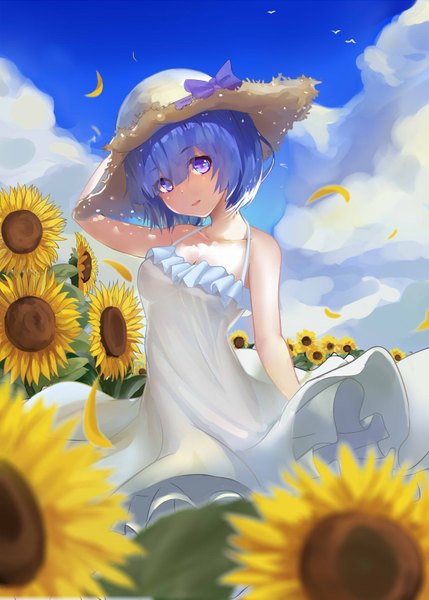 Anime picture 1200x1679 with re:zero kara hajimeru isekai seikatsu white fox rem (re:zero) loading (vkjim0610) single tall image looking at viewer fringe short hair hair between eyes standing purple eyes bare shoulders blue hair cloud (clouds) head tilt sunlight sleeveless revision adjusting hat