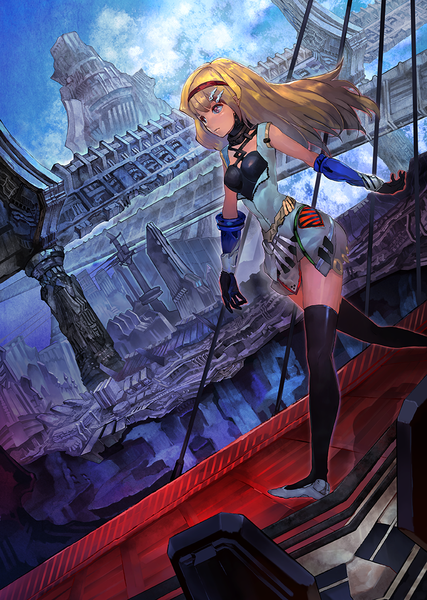Anime picture 768x1080 with original diet sence single long hair tall image breasts blonde hair bare shoulders brown eyes looking away sky cloud (clouds) dutch angle walking architecture girl thighhighs gloves hair ornament black thighhighs