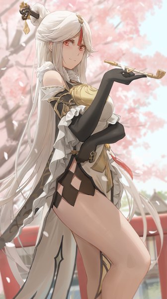 Anime picture 2483x4429 with genshin impact ningguang (genshin impact) free style (yohan1754) single long hair tall image looking at viewer fringe highres breasts red eyes standing holding payot sky outdoors white hair traditional clothes light smile chinese clothes