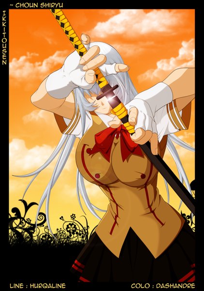 Anime picture 1125x1600 with ikkitousen chouun shiryuu dashandre single long hair tall image breasts large breasts sky cloud (clouds) white hair pleated skirt inscription coloring framed hair over eyes girl skirt gloves uniform