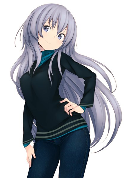 Anime picture 702x1000 with original zizi (zz22) single long hair tall image simple background smile white background looking away head tilt grey hair grey eyes hand on hip arched back girl sweater blue jeans