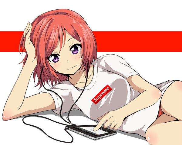 Anime picture 1500x1200 with love live! school idol project sunrise (studio) love live! nishikino maki tom (drpow) single looking at viewer blush short hair light erotic purple eyes pink hair girl headphones t-shirt