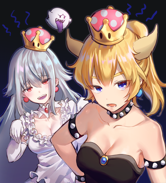 Anime picture 3024x3333 with super mario bros. new super mario bros. u deluxe bowsette princess king boo boo (mario) yampa long hair tall image looking at viewer blush fringe highres breasts open mouth blue eyes light erotic simple background blonde hair hair between eyes red eyes
