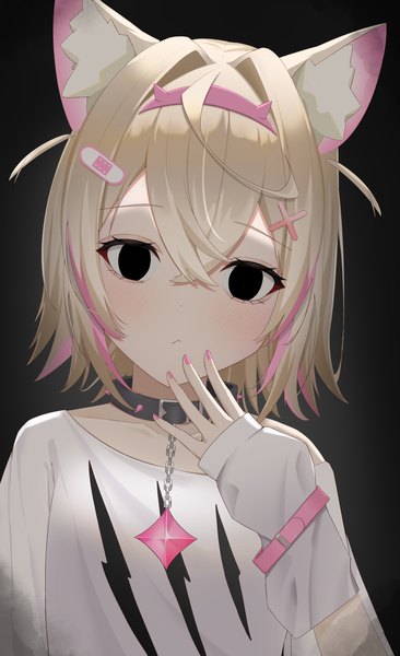 Anime picture 2500x4093 with virtual youtuber hololive hololive english mococo abyssgard mococo abyssgard (1st costume) monon single tall image looking at viewer blush fringe highres short hair simple background blonde hair hair between eyes animal ears upper body nail polish multicolored hair