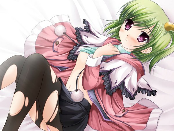 Anime picture 1024x768 with baldr sky divex short hair light erotic purple eyes game cg green hair girl