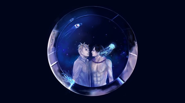 Anime picture 1600x896 with one piece toei animation portgas d. ace marco (one piece) megatruh short hair black hair blonde hair simple background wide image profile topless boy shirt necklace jellyfish