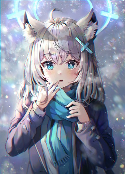 Anime picture 3035x4192 with blue archive shiroko (blue archive) mirage (rairudiseu) single long hair tall image looking at viewer blush highres blue eyes animal ears absurdres silver hair upper body ahoge snowing girl hairclip scarf halo