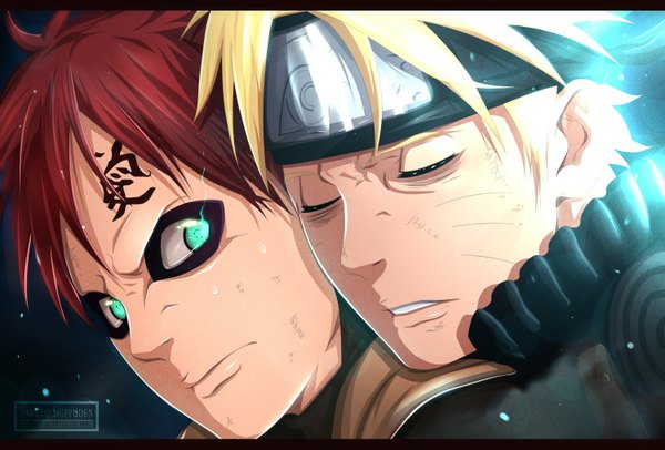 Anime picture 1500x1015 with naruto studio pierrot naruto (series) uzumaki naruto gaara kortrex short hair blonde hair red hair eyes closed aqua eyes multiple boys tattoo coloring facial mark glowing light letterboxed close-up face