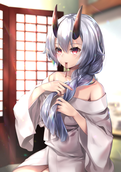 Anime picture 2894x4093 with fate (series) fate/grand order tomoe gozen (fate) hane yuki single long hair tall image blush fringe highres hair between eyes red eyes sitting holding looking away silver hair indoors braid (braids) traditional clothes japanese clothes