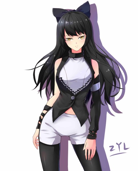 Anime picture 2480x3070 with rwby rooster teeth blake belladonna zyl single long hair tall image looking at viewer blush fringe highres black hair simple background standing white background bare shoulders signed yellow eyes shadow girl