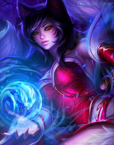Anime picture 908x1156 with league of legends ahri (league of legends) michelle hoefener single long hair tall image looking at viewer fringe black hair animal ears purple hair tail traditional clothes animal tail fingernails lips realistic orange eyes lipstick fox ears