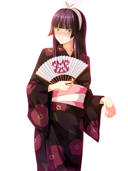 Anime-Bild 3600x4800 mit fairy tail mikazuchi kagura salim202 single long hair tall image blush highres black hair yellow eyes absurdres traditional clothes japanese clothes embarrassed coloring transparent background girl belt hairband kimono