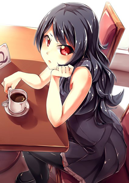 Anime picture 724x1024 with original pack er 5 single long hair tall image looking at viewer blush black hair red eyes sitting bare shoulders bent knee (knees) indoors from above sunlight shadow hand on face head rest girl dress