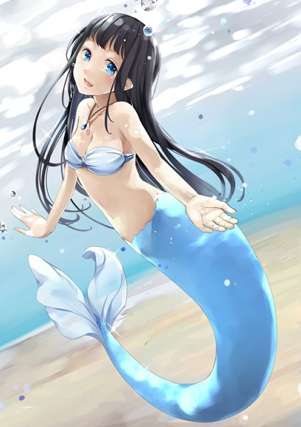 Anime picture 840x1190 with original ao no neko single long hair tall image blush open mouth blue eyes light erotic black hair smile pointy ears underwater crying girl navel lingerie bra necklace mermaid