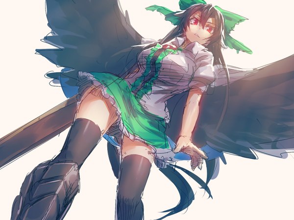 Anime picture 1600x1200 with touhou reiuji utsuho temmasa22 single long hair fringe simple background red eyes brown hair white background looking away from below zettai ryouiki black wings arm cannon girl thighhighs bow weapon black thighhighs