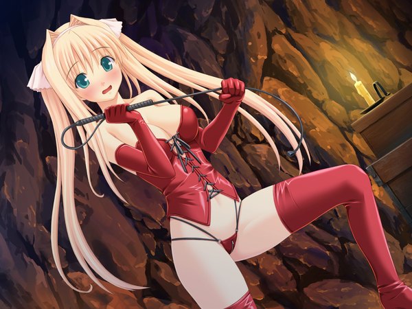 Anime picture 1600x1200 with kono aozora ni yakusoku wo umi (kono aozora ni yakusoku wo) long hair blush open mouth light erotic blonde hair twintails girl thighhighs gloves underwear panties elbow gloves bodysuit candle (candles) cave