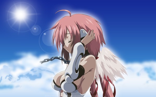 Anime picture 2560x1600 with sora no otoshimono ikaros highres light erotic wide image twintails pink hair sky cloud (clouds) eyes closed girl wings