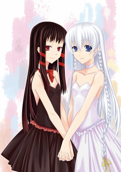 Anime picture 1129x1600 with ar tonelico ar tonelico ii gust (company) jacqli shurelia (ar tonelico) hika (cross-angel) long hair tall image looking at viewer fringe blue eyes black hair simple background smile hair between eyes red eyes standing bare shoulders multiple girls payot