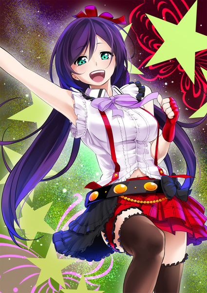 Anime picture 1075x1518 with love live! school idol project sunrise (studio) love live! toujou nozomi mattari yufi (artist) single long hair tall image looking at viewer fringe blue eyes twintails purple hair low twintails girl thighhighs dress ribbon (ribbons) black thighhighs hair ribbon