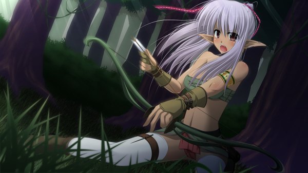 Anime picture 1280x720 with original anzu hime single long hair blush open mouth light erotic wide image silver hair pink eyes pointy ears dark skin elf girl thighhighs gloves plant (plants) white thighhighs tree (trees) forest