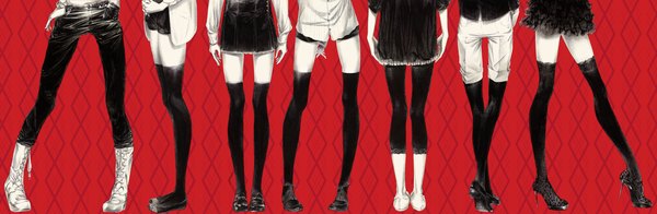 Anime picture 3000x984 with original sousou (sousouworks) highres wide image standing multiple girls from behind high heels monochrome group hands behind back 6+ girls red background lacing hands clasped rhombus 7 girls platform heels girl thighhighs
