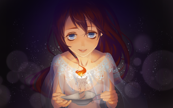 Anime picture 2992x1882 with original shou shizuku (deme) single long hair looking at viewer highres breasts blue eyes light erotic smile brown hair holding lens flare girl transparent clothing candle (candles)