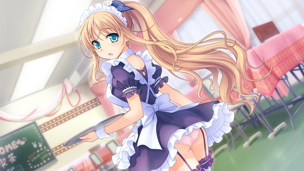 Anime picture 1280x720 with astraythem ginta long hair light erotic blonde hair wide image green eyes game cg ass ponytail looking back maid pantyshot girl headdress maid headdress