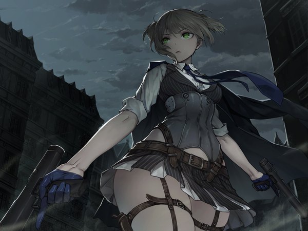 Anime picture 3000x2250 with girls frontline welrod mk2 (girls frontline) youtsuu single fringe highres short hair blonde hair hair between eyes standing holding green eyes looking away cloud (clouds) wind night from below two side up dutch angle night sky