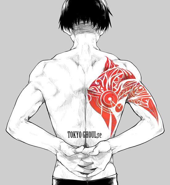 Anime picture 956x1040 with tokyo ghoul tokyo ghoul:re studio pierrot urie kuki noppo single tall image short hair simple background upper body from behind grey background tattoo copyright name muscle shirtless body writing boy