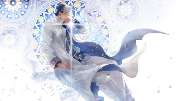 Anime picture 1358x762 with jojo no kimyou na bouken kujo jotaro ishiima shiro single short hair black hair wide image white background eyes closed profile wallpaper boy petals cloak flat cap stained glass