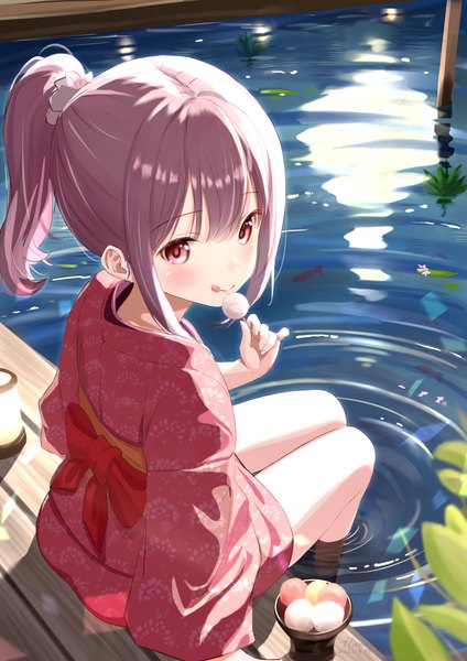 Anime-Bild 2000x2829 mit original fluno single long hair tall image blush highres sitting purple eyes purple hair outdoors ponytail traditional clothes japanese clothes from above reflection soaking feet ripples tsukimi girl