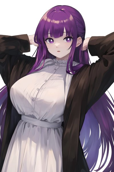 Anime picture 4000x6000 with sousou no frieren fern (sousou no frieren) arthatros single long hair tall image looking at viewer fringe highres breasts simple background large breasts white background purple eyes absurdres purple hair upper body blunt bangs adjusting hair girl