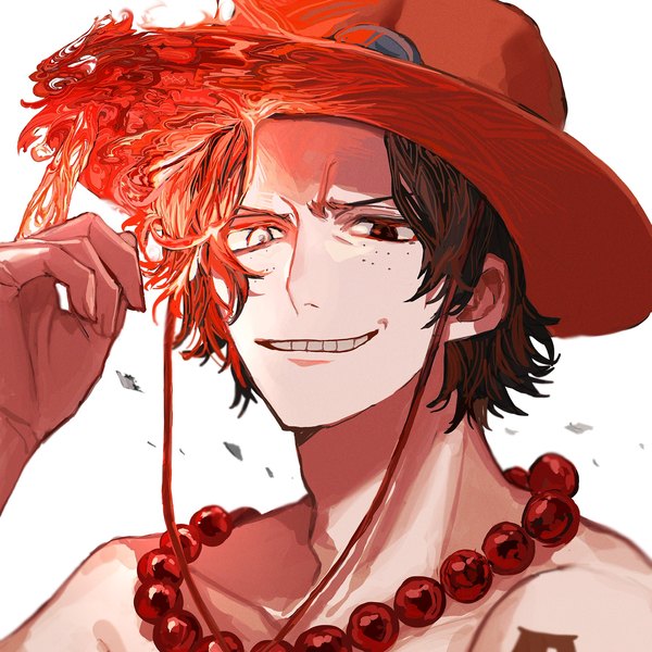 Anime picture 1773x1773 with one piece toei animation portgas d. ace yadu nadu single looking at viewer highres short hair black hair simple background smile white background upper body black eyes grin portrait freckles boy hat beads