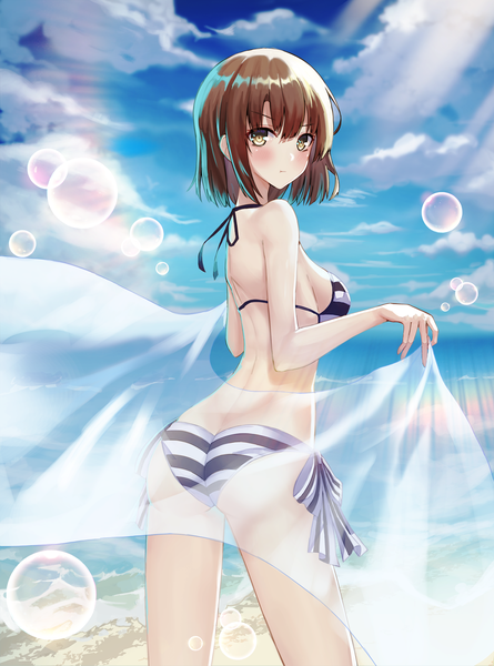 Anime picture 1500x2022 with saenai heroine no sodatekata a-1 pictures katou megumi nebu (pixiv22443854) single tall image looking at viewer blush fringe short hair breasts light erotic hair between eyes brown hair standing holding yellow eyes sky cloud (clouds) ass