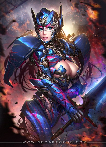 Anime picture 1000x1389 with transformers optimus prime nudtawut thongmai single tall image breasts blue eyes light erotic looking away lips realistic genderswap mechanical girl weapon sword armor helmet