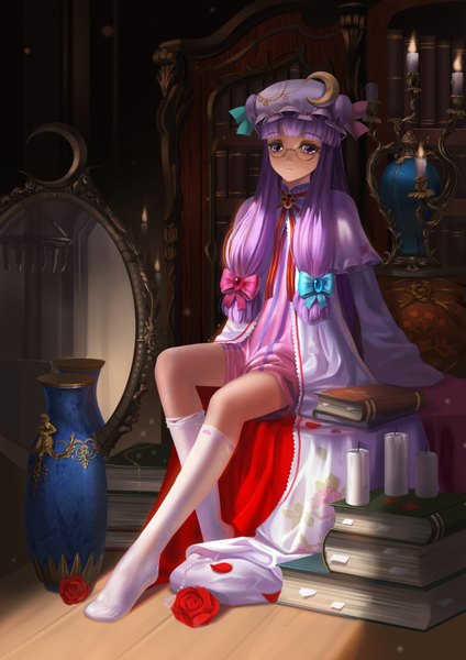 Anime picture 2480x3508 with touhou patchouli knowledge saber 01 long hair tall image highres sitting purple eyes purple hair no shoes crescent girl bow hair bow hat glasses book (books) knee socks shelf candle (candles)