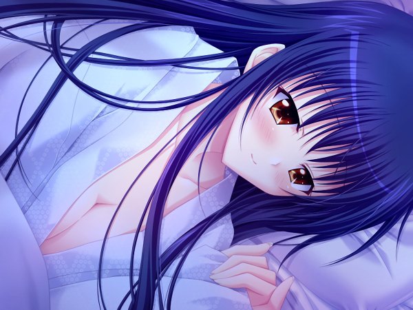Anime picture 1200x900 with sara sara sasara amato saori breasts light erotic purple eyes blue hair game cg cleavage girl