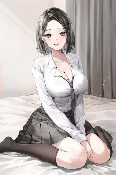 Anime-Bild 2731x4096 mit original lillly single tall image looking at viewer blush highres short hair breasts open mouth light erotic black hair smile large breasts sitting cleavage full body indoors long sleeves :d