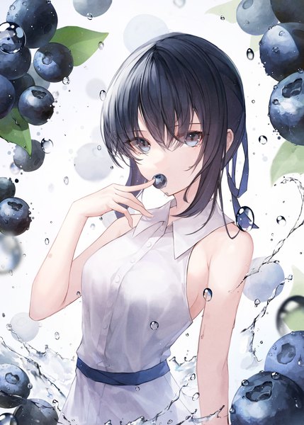 Anime picture 3000x4200 with original crystalherb single tall image looking at viewer fringe highres short hair breasts blue eyes black hair simple background hair between eyes standing payot sleeveless eating girl dress ribbon (ribbons)