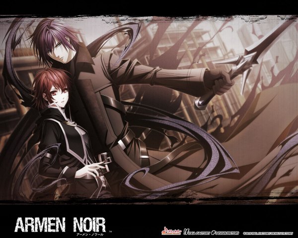 Anime picture 1280x1024 with armen noir idea factory nazca sword (character) looking at viewer short hair red eyes green eyes game cg purple hair red hair inscription official art couple city magic cityscape girl boy gloves