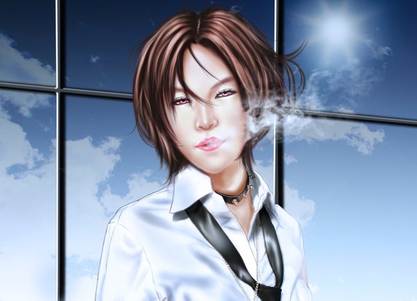 Anime picture 1300x939 with nana madhouse osaki nana tagme (artist) single blush short hair open mouth brown hair brown eyes lips realistic smoke open collar girl shirt necktie window white shirt collar