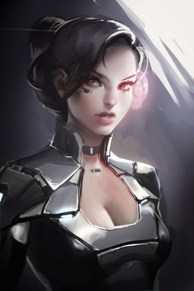 Anime picture 1048x1570 with sakimichan single tall image breasts black hair red eyes looking away cleavage parted lips lips realistic eyeshadow girl armor