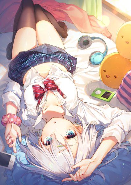 Anime picture 868x1228 with original moe2019 toosaka asagi single tall image looking at viewer blush fringe short hair breasts blue eyes light erotic hair between eyes silver hair full body bent knee (knees) indoors lying sunlight blurry