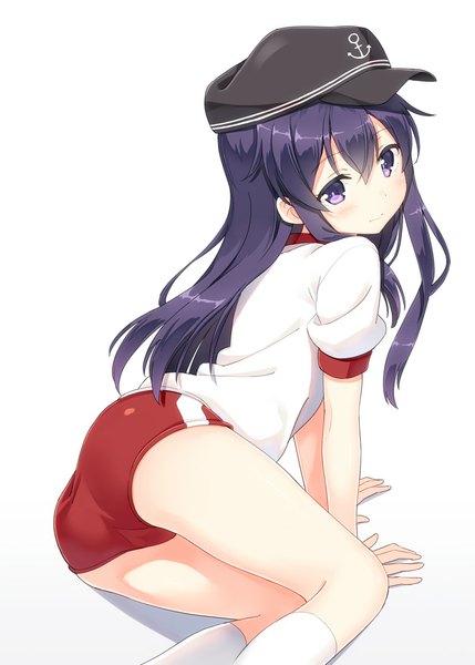 Anime picture 800x1119 with kantai collection akatsuki destroyer hyuuga azuri single long hair tall image looking at viewer blush light erotic simple background white background purple eyes purple hair ass looking back arm support turning head cameltoe leg lift (legs lift) girl