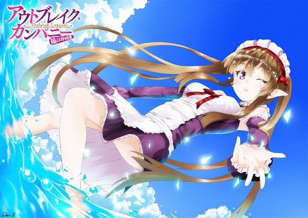 Anime picture 1754x1240 with outbreak company feel (studio) myucel foalan exiled (artist) single long hair blush highres brown hair twintails sky cloud (clouds) one eye closed pink eyes wink pointy ears inscription maid dutch angle copyright name