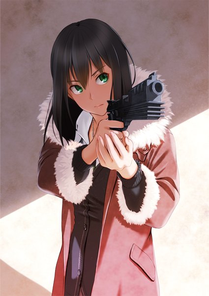 Anime picture 724x1023 with idolmaster idolmaster cinderella girls shibuya rin nanahime (aoi) single long hair tall image looking at viewer black hair green eyes girl weapon gun coat