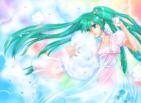 Anime picture 1676x1228 with vocaloid hatsune miku banpei single twintails cloud (clouds) very long hair aqua eyes aqua hair girl dress