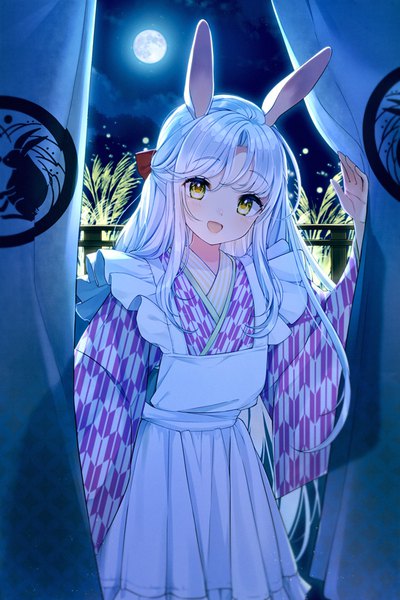 Anime picture 550x825 with original maronie. single long hair tall image looking at viewer open mouth animal ears yellow eyes silver hair traditional clothes :d japanese clothes bunny ears yagasuri tsukimi girl plant (plants) moon apron