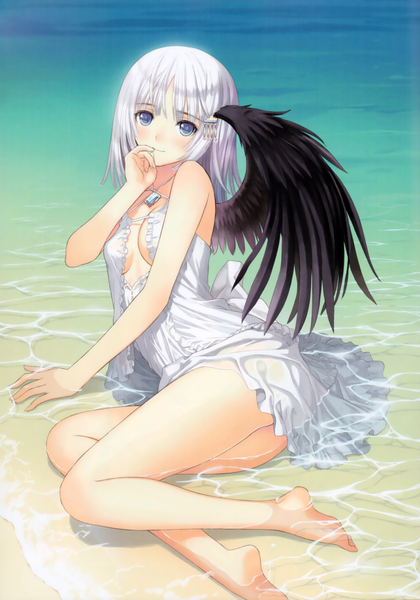 Anime picture 2180x3115 with shining ark panis angelicus tony taka single tall image looking at viewer blush highres short hair blue eyes light erotic white hair scan girl dress wings water sea